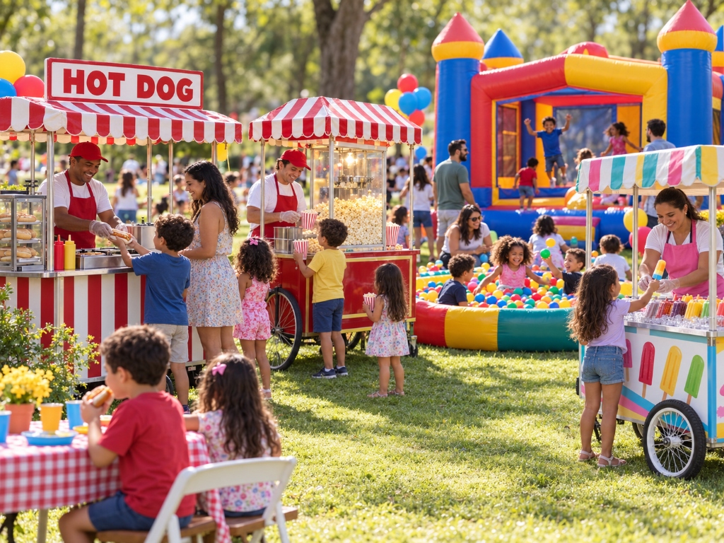 Barracas para lanches, pula-pula e brinquedos diversos